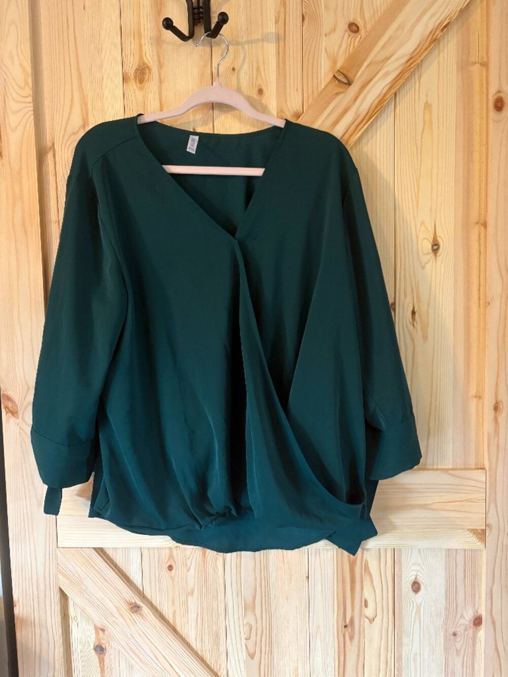 Emerald Green Blouse Womens Wrap Front Top Long Sleeve Tie Cuff Blouse